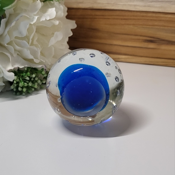 Blown Glass Paperweight - Cobalt Blue and Clear with bubbles - Picture 2 of 6
